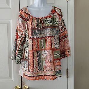 Tacera BoHo Multicolored Patterned Bell Sleeve Blouse Size M